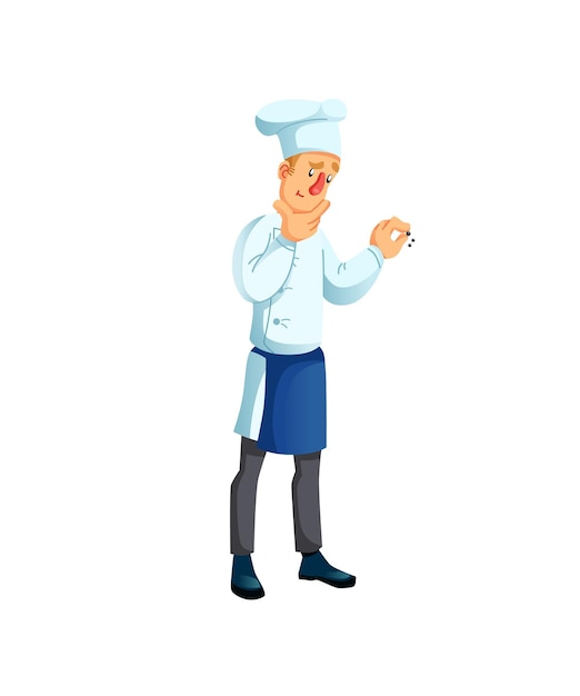 Flat cartoon man character chef at workadding spicesrestaurant staff and professional food cooking vector illustration concept