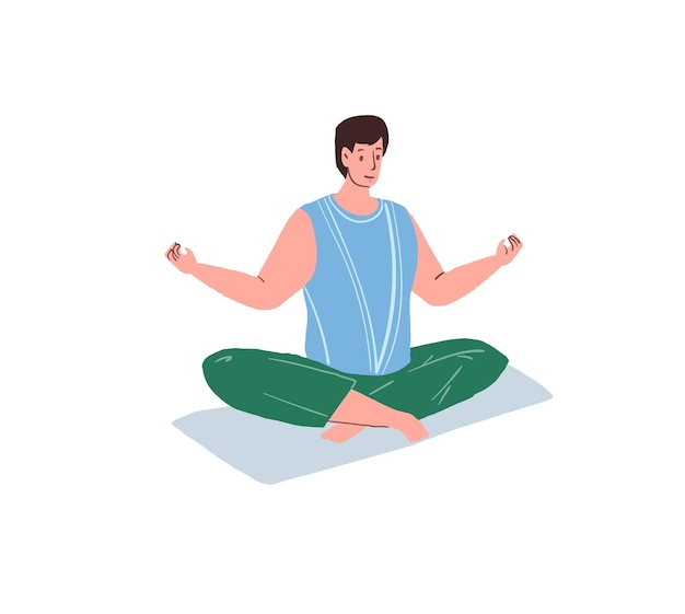Плоский мультяшный персонаж, сидящий в позе лотоса, релаксационные упражнения, йога, практикующая векторную иллюстрацию