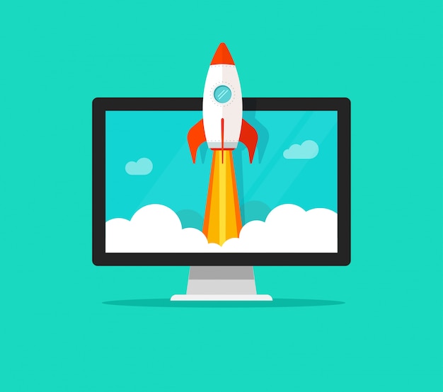 Flat cartoon quick rocket launch or startup and computer or desktop pc vector illustration