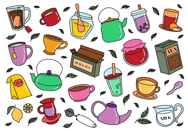 Flat cartoon set of tea Tea art has many components all of which are depicted in this set