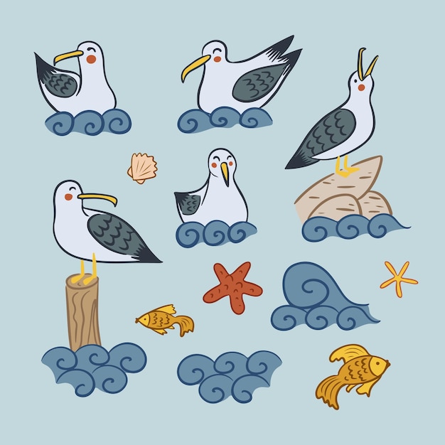 Flat cartoon set with seagull character on the sea