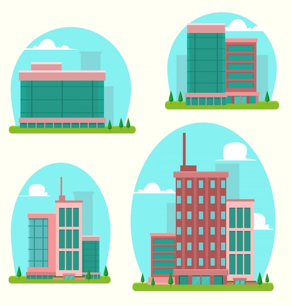 flat cartoon skyscraper city building template set