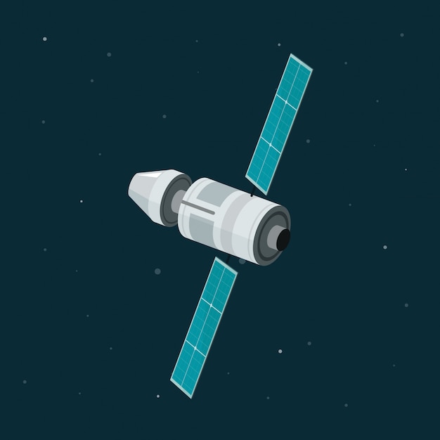 Flat cartoon space station satellite isolated on dark space background