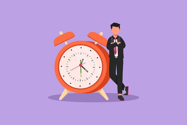 Flat cartoon style drawing of businessman manager or employee stand leaning to big clock Time management Watch limited offer deadline symbol Business metaphor Graphic design vector illustration