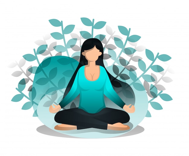 Flat cartoon style of girl sits in lotus position