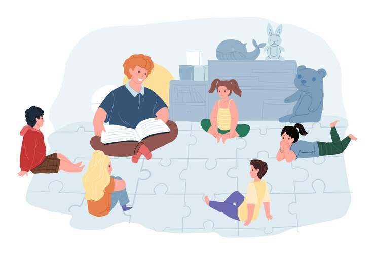 Vector flat cartoon teacher and kids characters in kindergarten,vector illustration concept
