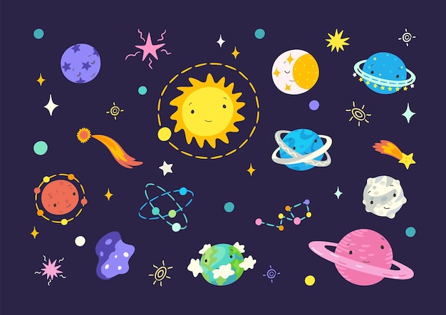 Flat cartoon universe space planets and moon solar system and neptune colorful comets stars cute doodle childish astrology nowaday vector collection