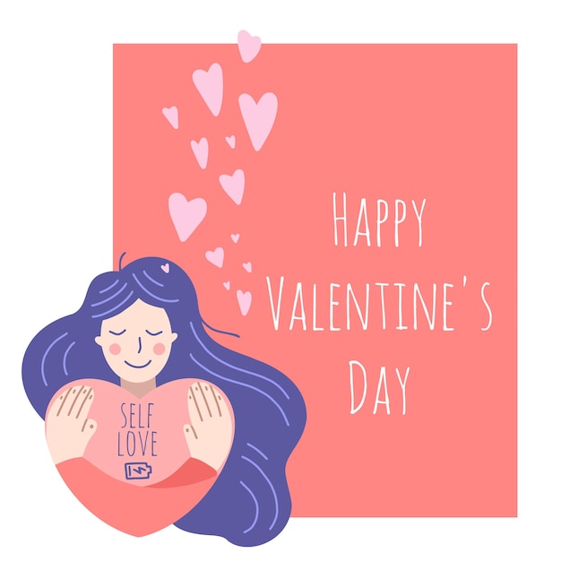 Vector flat cartoon vector illustration hand drawn style valentine's day for singles girl hugs herself wellbeing self love concept