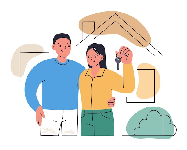 Плоская мультфильмная векторная иллюстрация счастливой пары, стоящей перед новым домом и держащей в руках ключи.