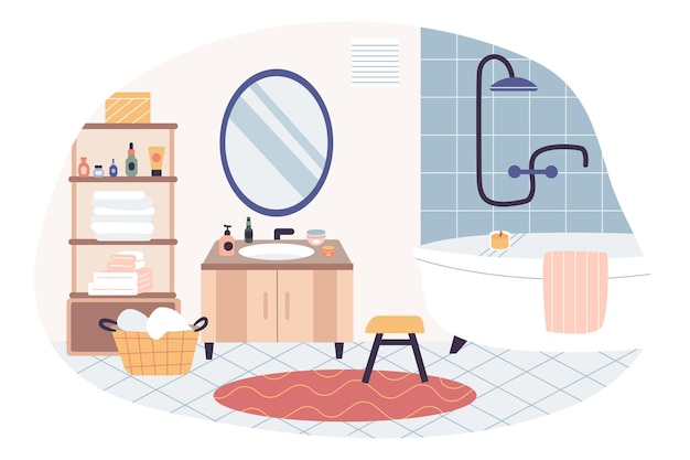Плоская мультяшная векторная иллюстрация с внутренней ванной и душем
