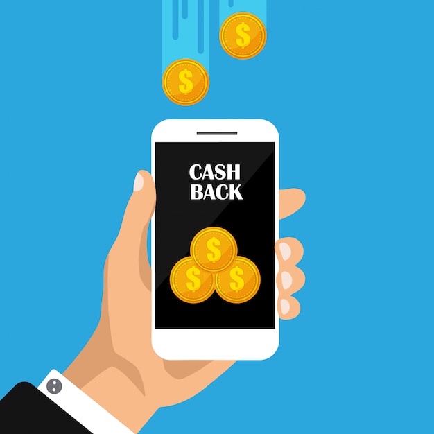 Cash back al telefono. monete d'oro in smartphone, movimento di denaro. rimborso o rimborso in denaro. illustrazione.