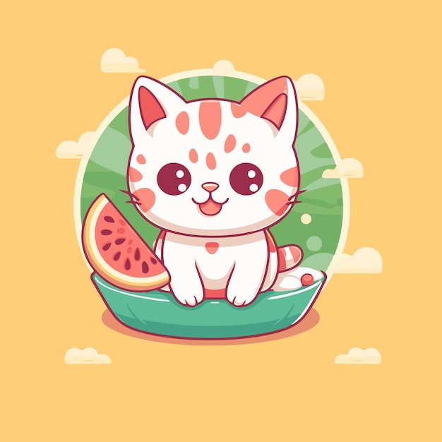 A Flat Cat sitting on a watermelon slice in summer