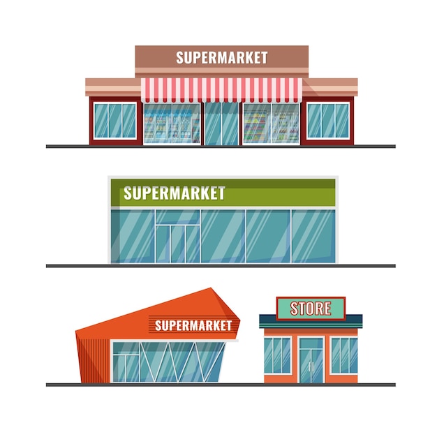 Esterno supermercato stile catroon piatto di vari disegni