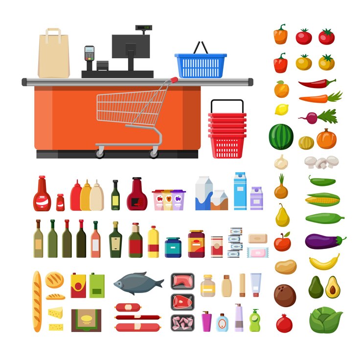 Vector flat catroon style supermarket set with products