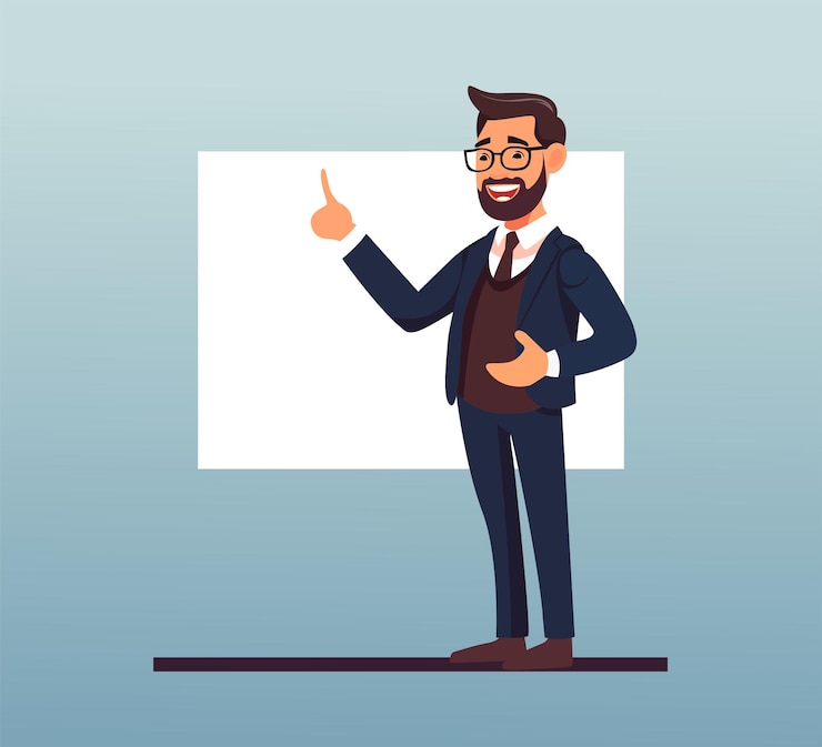 Vector flat character businessman with a blank board giving presentation vector illustration manually