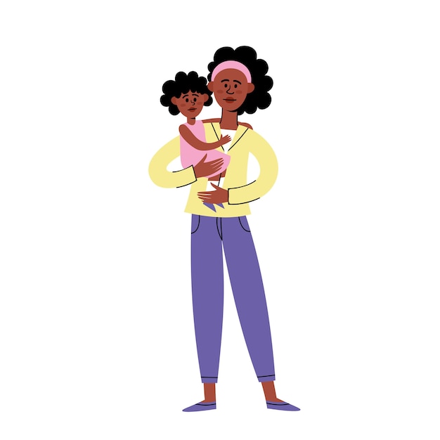 Flat character design of black mother and child, sad african american young woman standing with little daughter protesting against racism.