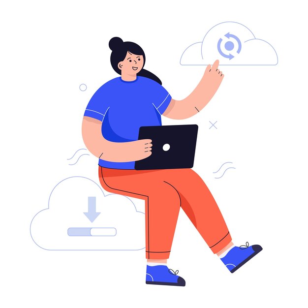 A flat character illustration of cloud computing