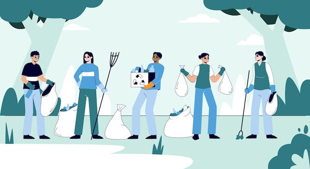Vector flat characters cleaning garbage in park and collecting trash outdoor vector illustration