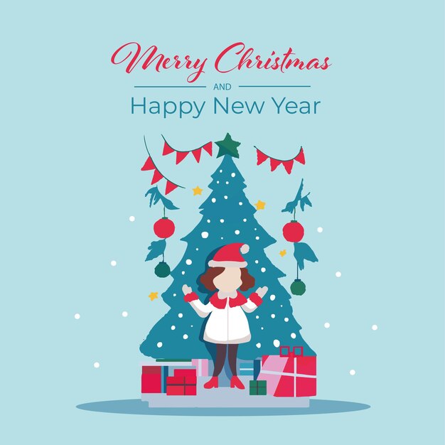 Flat characters merry christmas and happy new year greeding card christmas three gifts celebrating