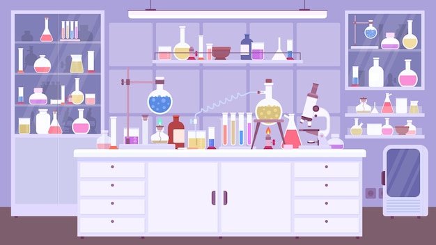 Vector flat chemical lab room interior with scientist equipment. chemistry classroom or science laboratory with experiment on table, vector scene. illustration laboratory interior chemical