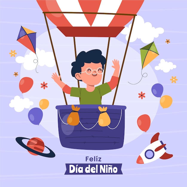 Flat children's day in spanish illustration with boy in hot air balloon
