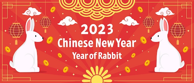 Flat chinese new year 2023 year of rabbit horizontal banner illustration