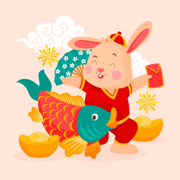 플랫 구정 축제 축하 그림