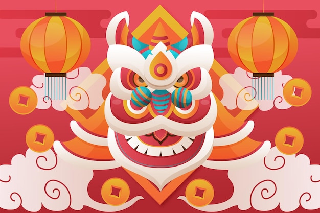 Vector flat chinese new year lion dance illustration background