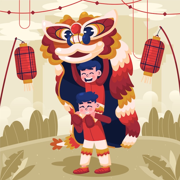 Flat chinese new year lion dance illustration