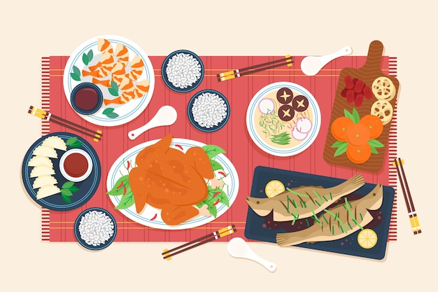 평면 중국 새 해 동창회 저녁 식사 음식 컬렉션