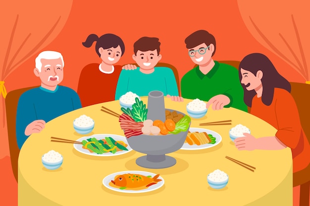 Vector flat chinese new year reunion dinner food illustration