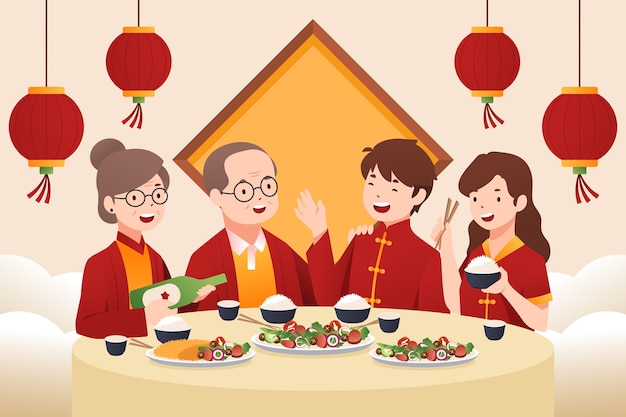 Вектор Плоская иллюстрация ужина воссоединения китайского нового года
