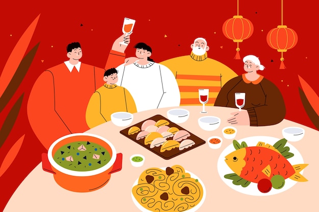 Vector flat chinese new year reunion dinner illustration