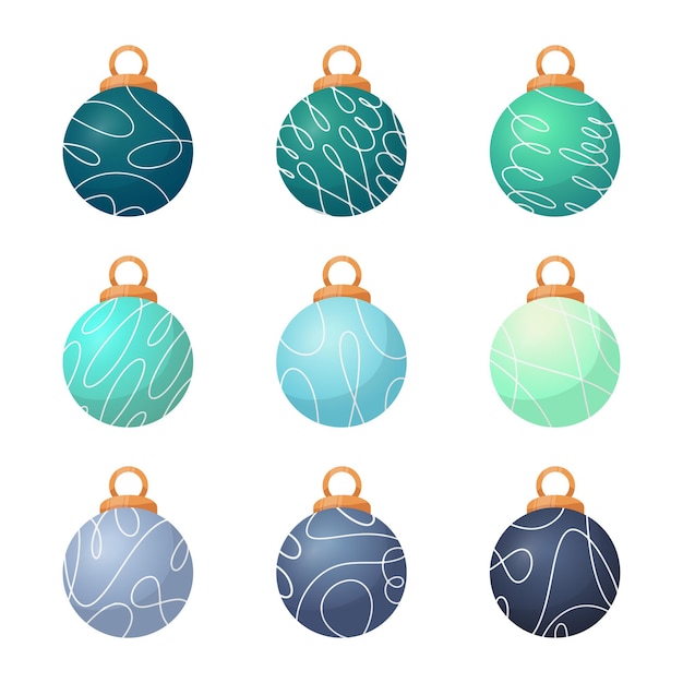 Collezione di palline di natale piatte con linee decorative