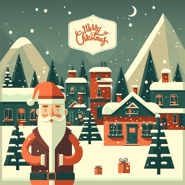 Vector flat christmas design. santa claus .village illustration with snow and winter