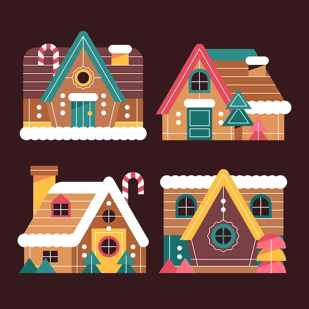 Vector flat christmas gingerbread houses collection