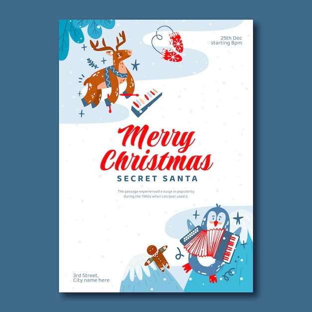 Вектор Плоский шаблон рождественской открытки с оленями и пингвинами