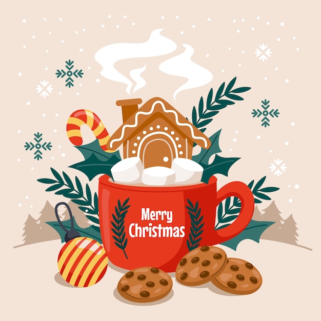 Плоская рождественская иллюстрация горячего шоколада