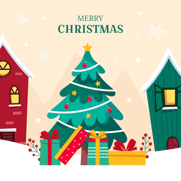 Vector flat christmas illustration with presents under outdoors tree