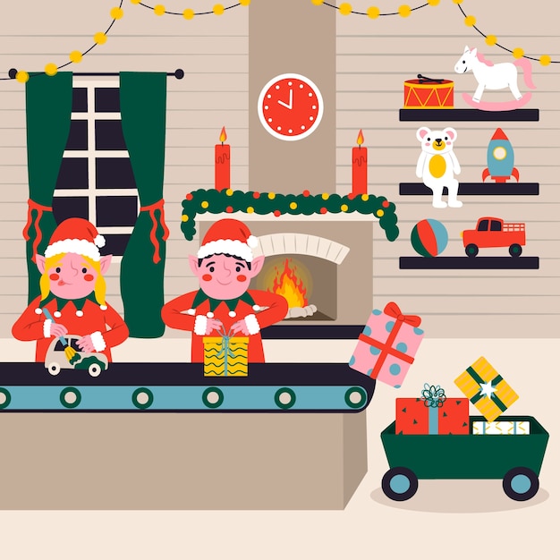 Vector flat christmas santa workshop illustration