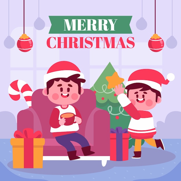 Flat christmas season illustration with children