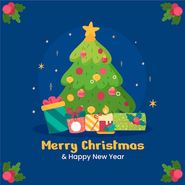 Вектор Плоская рождественская иллюстрация с подарками под елкой