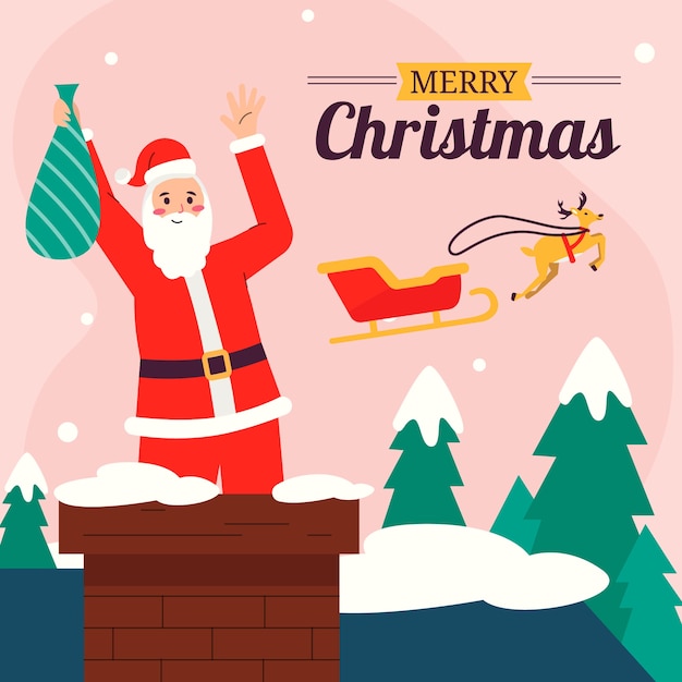 Vector flat christmas season illustration with santa in chimney