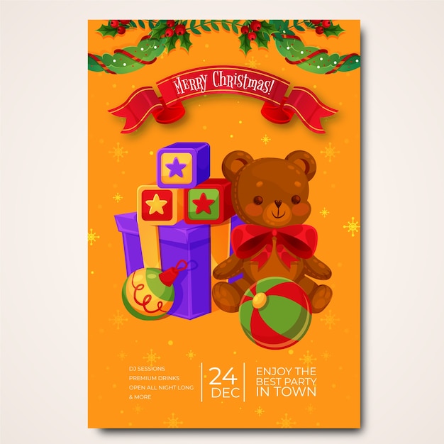 Flat christmas toy drive vertical poster template