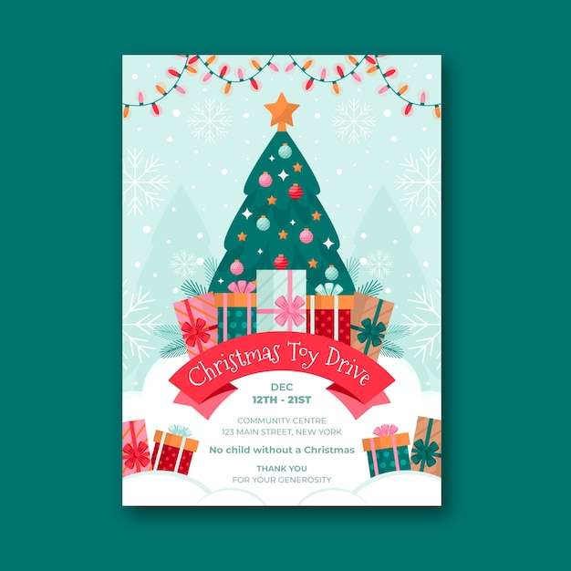 Flat christmas toy drive vertical poster template