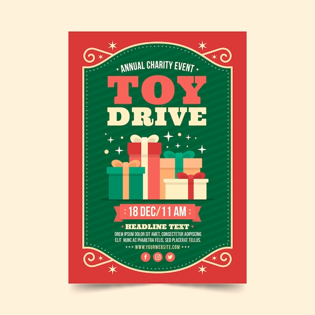 Vector flat christmas toy drive vertical poster template