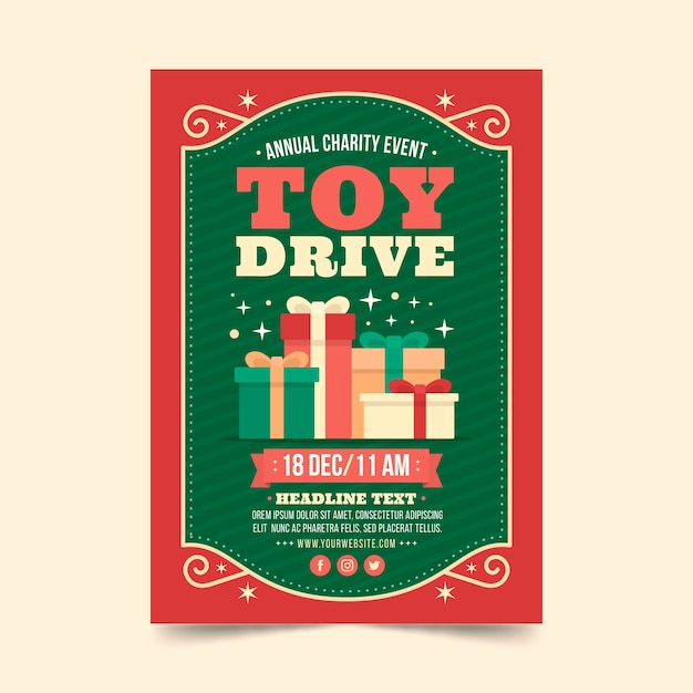 Modello di manifesto verticale piatto di natale toy drive