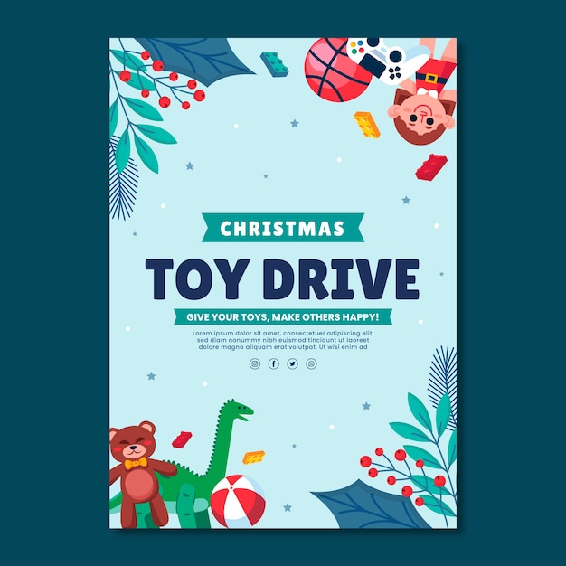 Vector flat christmas toy drive vertical poster template