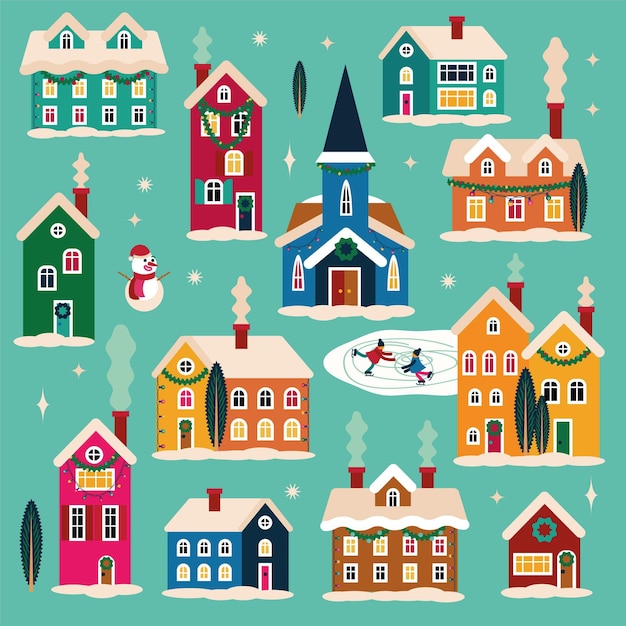 Vector flat christmas village illustration