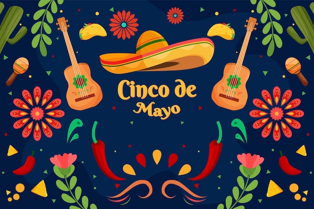 Плоский фон Cinco De Mayo с сомбреро и гитарой